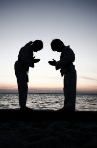 Respect is a very important element in Human Interaction. Two kids involved in martial arts demonstrate respect for each other. Copy Space!